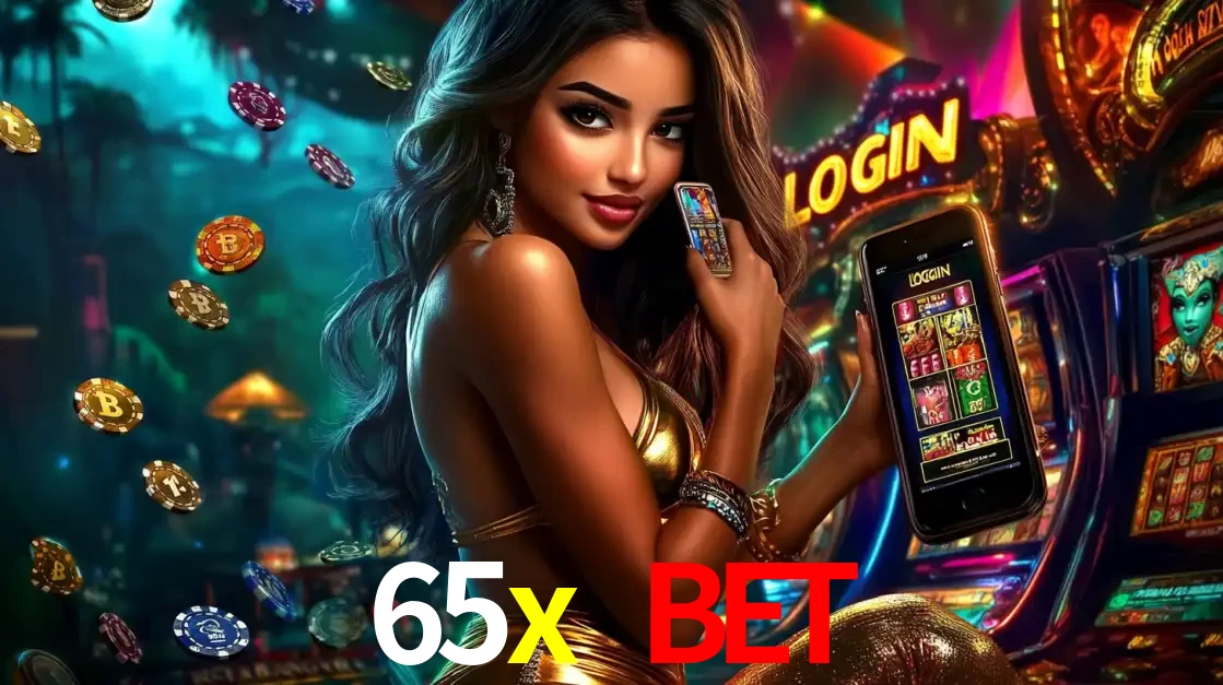 Mulher em um cenário de cassino temático de aventura, mostrando o app de caça-níqueis da 65x bet no celular. Fichas de apostas flutuam ao redor.